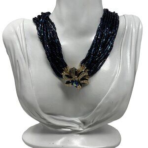 Vintage Beaded Necklace Iridescent Blue Beads with Gold‎ Tone Rhinestone Pendant